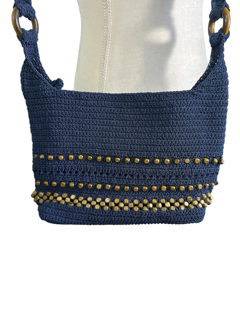 The Sak Navy Blue Crochet Crossbody Bag Beaded Studded Wallet Organizer - Picture 2 of 8